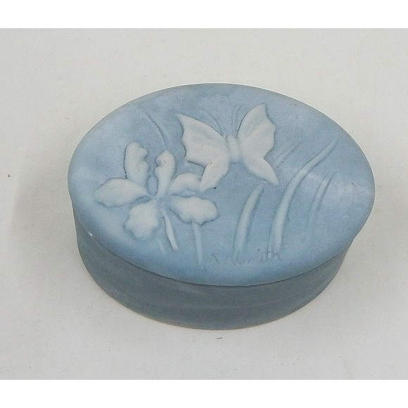 Incolay Blue Stone Marble Oval Trinket Jewelry Box Butterfly Iris Signed Nemeth - Picture 1 of 12